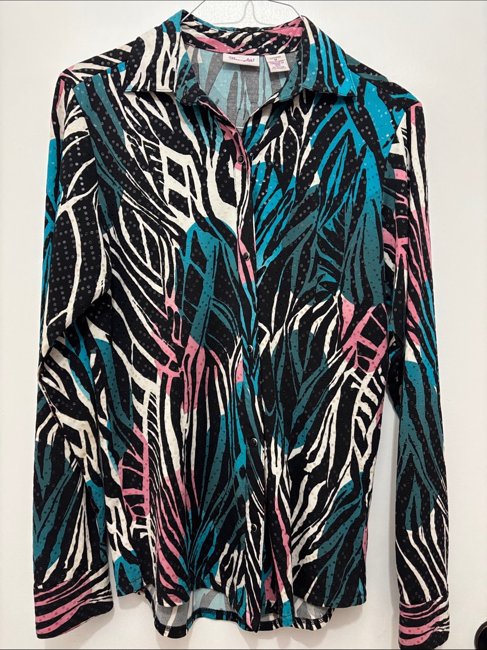 Wrangler “Rodeo wear”Black Teal & Pink Abstract Print Blouse Sz M